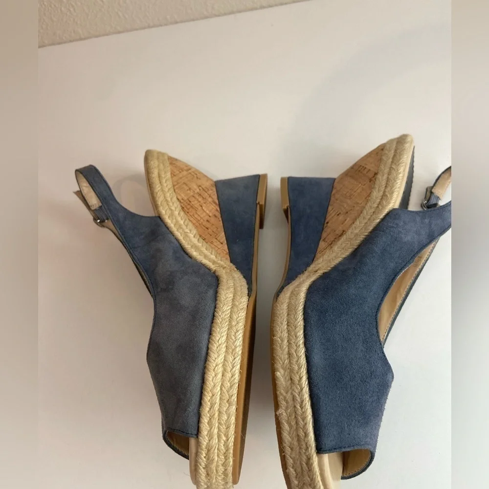 Audrey Brooke~Blue Faux Suede~Espadrille Cork Wedge~Peep Toe~Sandal~Size 8.5B